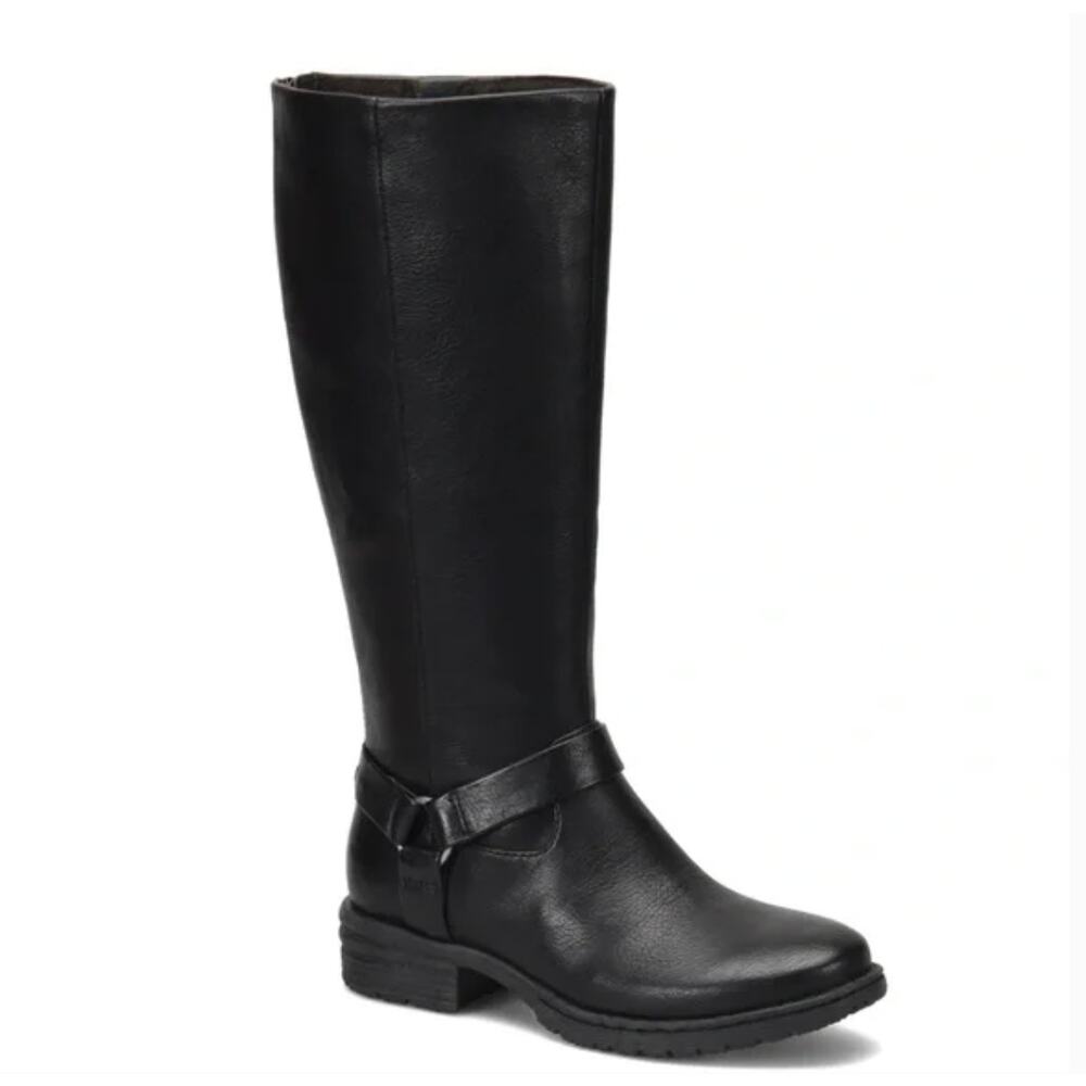 Born boc Chesney Riding Boots 7 Black NWOT Tall Knee High Buckle Harness Prep